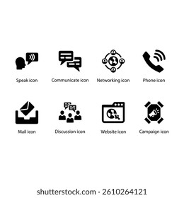 Speak, Communicate, Networking, Phone, Mail, Discussion, Website, Campaign, Black Icon Set