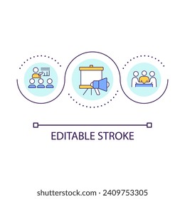 Speak at conferences loop concept icon. Promotion strategy. Landing first customers trick abstract idea thin line illustration. Isolated outline drawing. Editable stroke