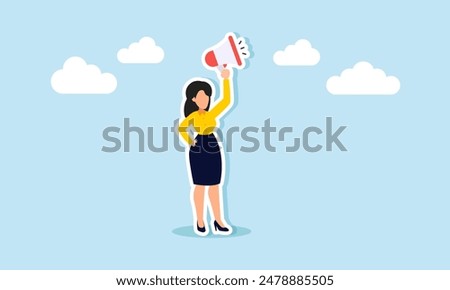 Speak up confidently truth telling, presentation skills, storytelling, and public speaking, concept of confidence businesswoman leader speak out loud on megaphone