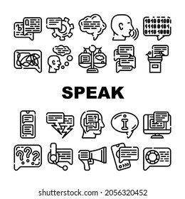 Speak Conversation And Discussion Icons Set Vector. Online Support Advice And Chatting, Speech From Tribune And Sms Message, Human Speak And Talk With Advisor Contour Illustrations