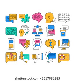 Speak Conversation And Discussion Icons Set Vector. Online Support Advice And Chatting, Speech From Tribune And Sms Message, Human Speak And Talk With Advisor Contour Illustrations