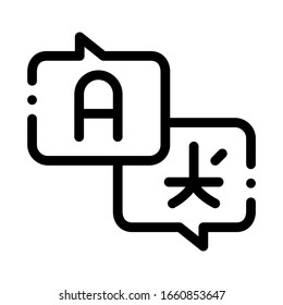 Speak In Different Languages Icon Thin Line Vector. Quote Frames With Various Languages Asian And English Letters Concept Linear Pictogram. Monochrome Outline Sign Isolated Contour Symbol Illustration