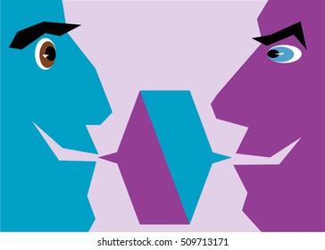 speak to each other only good words
the two halves of the faces of friends. They talk to each other. in the middle of the speech bubbles