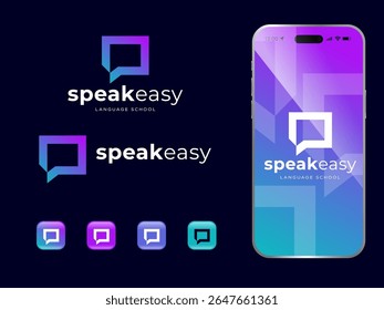 Speak Easy icon. Geometric frame as speech bubble with letter. Sign for language school, online education.