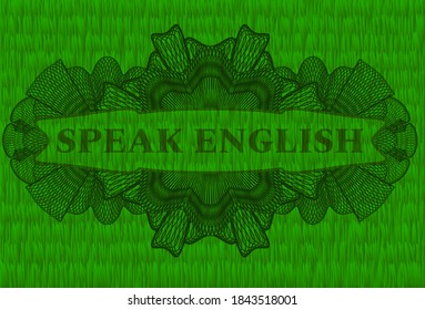 Sprechen Sie Englisch Text in Linear Währung grünen Gras Emblem. Eco-würdevoller Hintergrund. Künstlerische Illustration. 