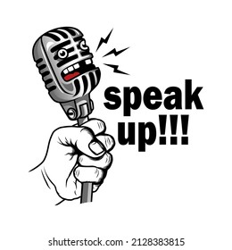 speak up with hand holding microphone cartoon, mascot podcast on black background. Design element for logo, poster, card, banner, emblem, t shirt. Vector illustration