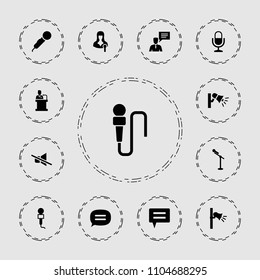 Speak icon. collection of 13 speak filled icons such as microphone, woman speaker, man with chat bubblle, megaphone, chat, speaker. editable speak icons for web and mobile.