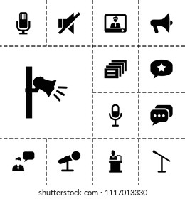 Speak icon. collection of 13 speak filled icons such as microphone, no sound, megaphone, speaker, message, tv speaker. editable speak icons for web and mobile.