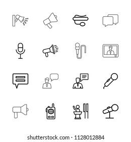 Speak icon. collection of 16 speak outline icons such as microphone, megaphone, pin microphone, man with chat bubblle, chat, speaker. editable speak icons for web and mobile.