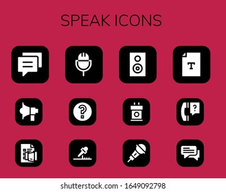 conjunto de iconos de voz. 12 iconos de habla rellenos. Conversación incluida, Megáfono, Discusión, Micrófono, Pregunta, Altavoz, Tribune, Texto, Iconos de Chat