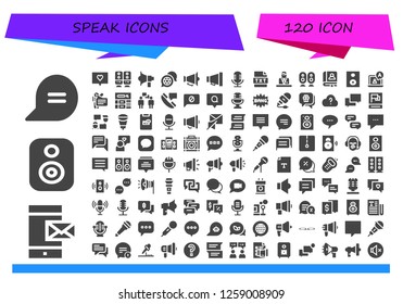  speak icon set. 120 filled speak icons. Simple modern icons about  - Chat, Message, Speaker, Megaphone, Microphone, Text, Commentator, Loudspeaker, Faq, Speech, Blog, Conversation