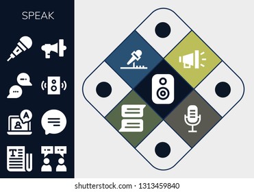 speak icon set. 13 filled speak icons.  Simple modern icons about  - Speaker, Text, Chat, Microphone, Megaphone