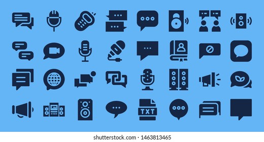 speak icon set. 32 filled speak icons. on blue background style Simple modern icons about  - Chat, Conversation, Megaphone, Microphone, Loudspeaker, Walkie, Speaker, Text, Faq
