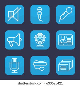 Speak icon. set of 9 outline speak icons such as microphone, tv speaker, pin microphone, no sound, megaphone