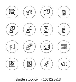 Speak icon set. collection of 16 outline speak icons with blog, chat, megaphone, loudspeaker, message, microphone, phone call, speaker, speech, talk icons.