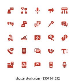 speak icon set. Collection of 25 filled speak icons included Microphone, Bubble, Chat, Vocabulary, Question, Text, Conversation, Announcer, Phone call, Thinking, Message, Discussion