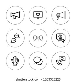 Speak icon set. collection of 9 outline speak icons with chat, discussion, megaphone, microphone icons. editable icons.