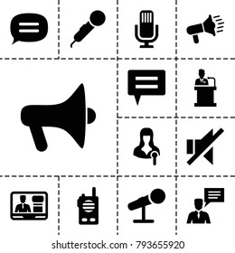 Speak icons. set of 13 editable filled speak icons such as microphone, megaphone, woman speaker, tv speaker, man with chat bubblle, no sound, chat, speaker