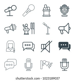 Speak icons. set of 16 editable outline speak icons such as chat, microphone, megaphone, no sound, speaker, message