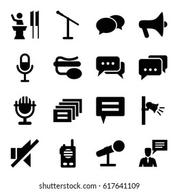 Speak icons set. set of 16 speak filled icons such as chat, microphone, pin microphone, man with chat bubblle, no sound, megaphone, walkie talkie, message