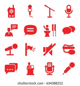 Speak icons set. set of 16 speak filled icons such as chat, microphone, pin microphone, man with chat bubblle, no sound, megaphone, speaker, walkie talkie