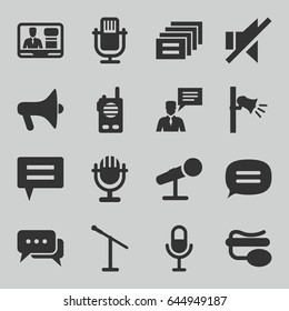 Speak icons set. set of 16 speak filled icons such as tv speaker, microphone, pin microphone, man with chat bubblle, no sound, megaphone, chat, walkie talkie