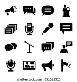 Speak icons set. set of 16 speak filled icons such as chat, tv speaker, man with chat bubblle, megaphone, speaker, message