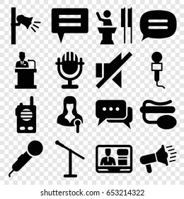 Speak icons set. set of 16 speak filled icons such as microphone, woman speaker, tv speaker, pin microphone, no sound, megaphone, speaker, chat