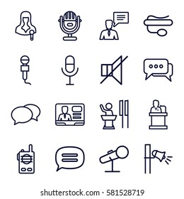 speak icons set. Set of 16 speak outline icons such as chat, microphone, woman speaker, TV speaker, pin microphone, man with chat bubblle, no sound, megaphone, speaker