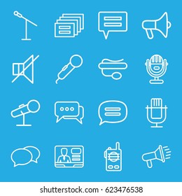 Speak icons set. set of 16 speak outline icons such as chat, TV speaker, pin microphone, no sound, microphone, walkie talkie, megaphone