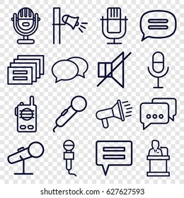 Speak icons set. set of 16 speak outline icons such as chat, microphone, no sound, megaphone, speaker, walkie talkie