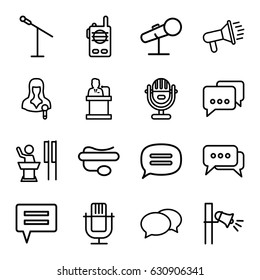 Speak icons set. set of 16 speak outline icons such as chat, woman speaker, pin microphone, megaphone, speaker, microphone, walkie talkie