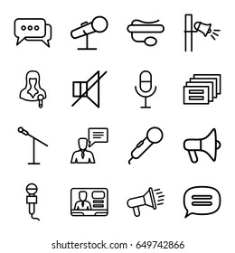Speak icons set. set of 16 speak outline icons such as microphone, woman speaker, tv speaker, pin microphone, man with chat bubblle, no sound, megaphone, chat