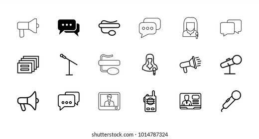 Speak icons. set of 18 editable outline speak icons: chat, microphone, megaphone, message, woman speaker, tv speaker, pin microphone
