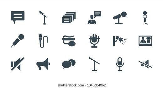 Speak icons. set of 18 editable filled speak icons: chat, microphone, megaphone, message, tv speaker, pin microphone, man with chat bubblle