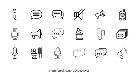 Speak icons. set of 18 editable outline speak icons: megaphone, message, microphone, no sound, speaker, chat