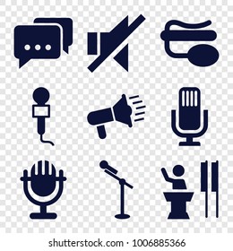 Speak icons. set of 9 editable filled speak icons such as megaphone, message, microphone, pin microphone, no sound