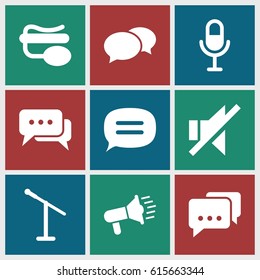 Speak icons set. set of 9 speak filled icons such as chat, microphone, pin microphone, no sound, megaphone