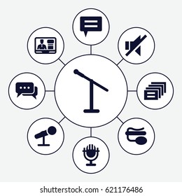 Speak icons set. set of 9 speak filled icons such as TV speaker, pin microphone, no sound, microphone, chat