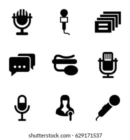 Speak icons set. set of 9 speak filled icons such as microphone, woman speaker, pin microphone