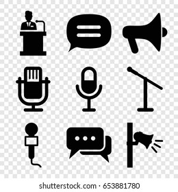 Speak icons set. set of 9 speak filled icons such as microphone, megaphone, speaker
