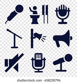 Speak icons set. set of 9 speak filled icons such as no sound, megaphone, microphone