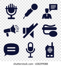 Speak icons set. set of 9 speak filled icons such as microphone, pin microphone, man with chat bubblle, no sound, chat, walkie talkie