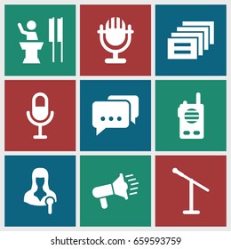 Speak icons set. set of 9 speak filled icons such as woman speaker, microphone, walkie talkie, megaphone, message