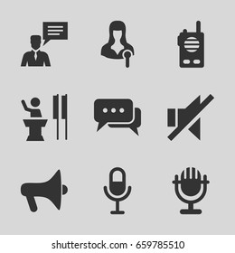 Speak icons set. set of 9 speak filled icons such as woman speaker, microphone, man with chat bubblle, no sound, chat, walkie talkie, megaphone