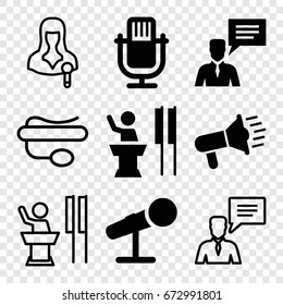 Speak icons set. set of 9 speak filled and outline icons such as man with chat bubblle, microphone, megaphone, speaker, woman speaker