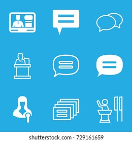 Speak icons set. set of 9 speak filled and outline icons such as woman speaker, tv speaker, chat, speaker