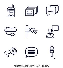 speak icons set. Set of 9 speak outline icons such as microphone, pin microphone, man with chat bubblle, megaphone, chat, walkie talkie