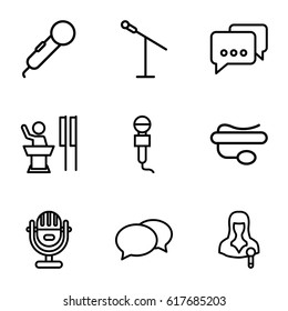 Speak icons set. set of 9 speak outline icons such as chat, microphone, woman speaker, pin microphone, speaker