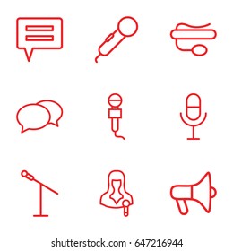 Speak icons set. set of 9 speak outline icons such as chat, microphone, woman speaker, pin microphone